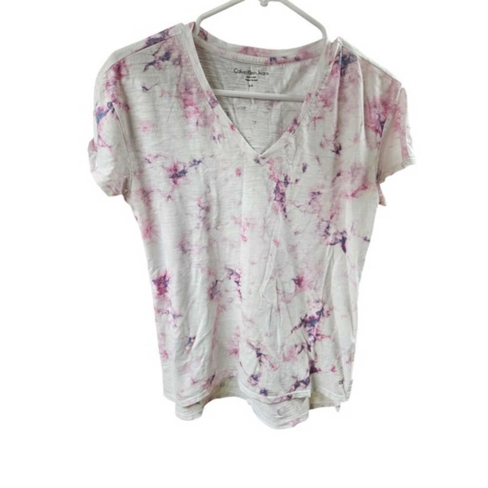 Calvin Klein Jeans Womens T-Shirt Small Pink Purple Tie Dye V Neck Top